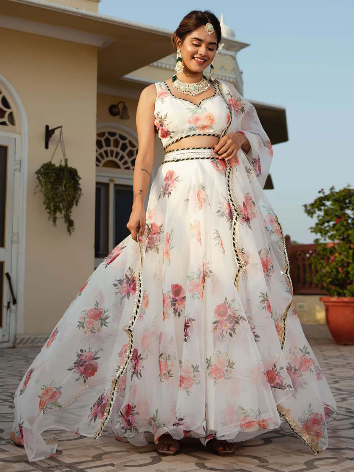 Odette White Organza Printed Semi Stitched Lehenga With Unstitched Blouse For Women - Image 5