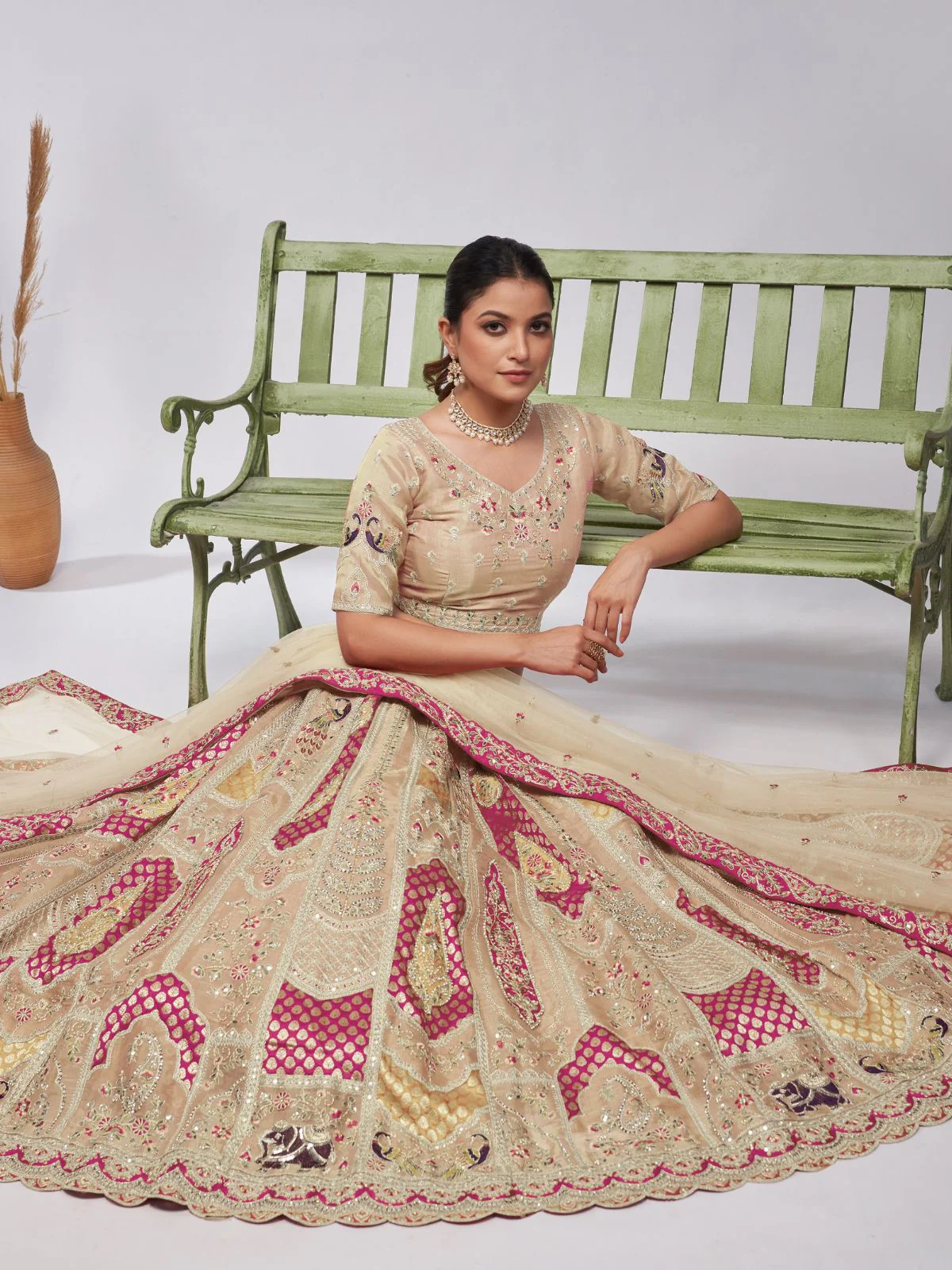 Odette Beige Organza Silk Embroidered Semi Stitched Lehenga With Unstitched Blouse For Women - Image 2