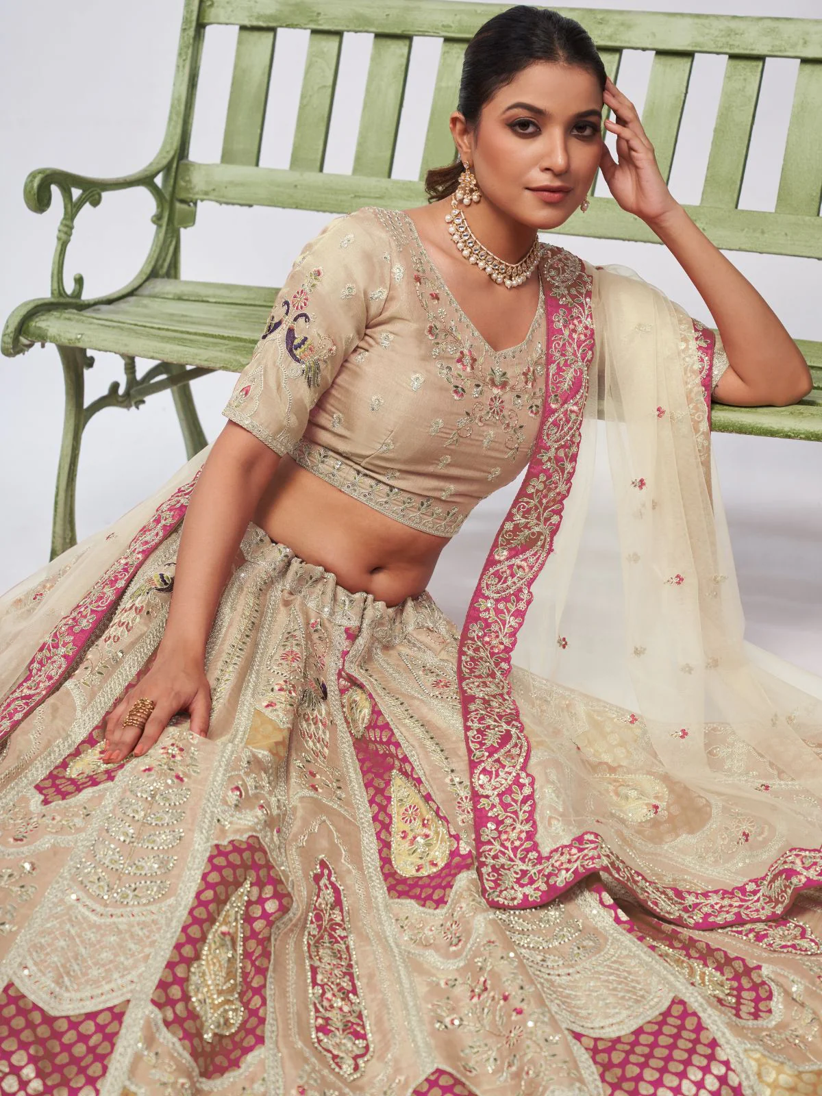 Odette Beige Organza Silk Embroidered Semi Stitched Lehenga With Unstitched Blouse For Women - Image 3