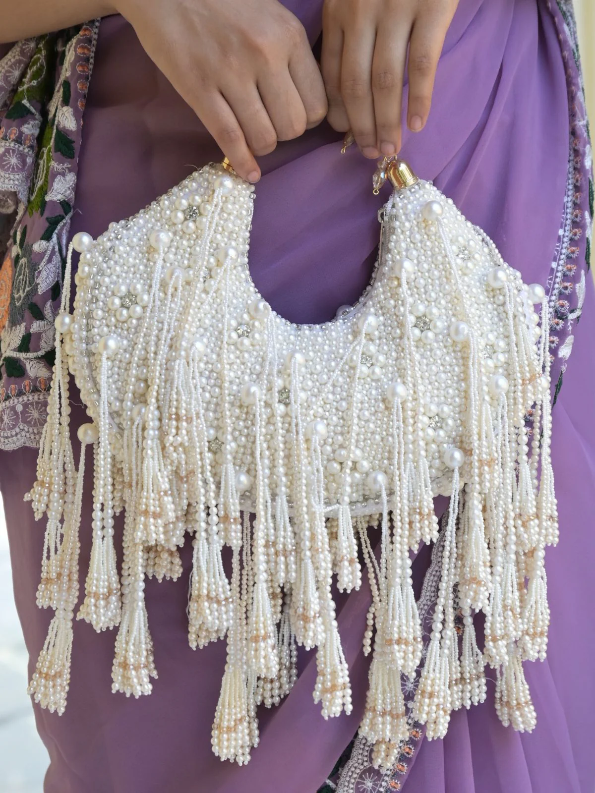 Odette White Pearl Embellished Clutch Bag For Women - Image 2