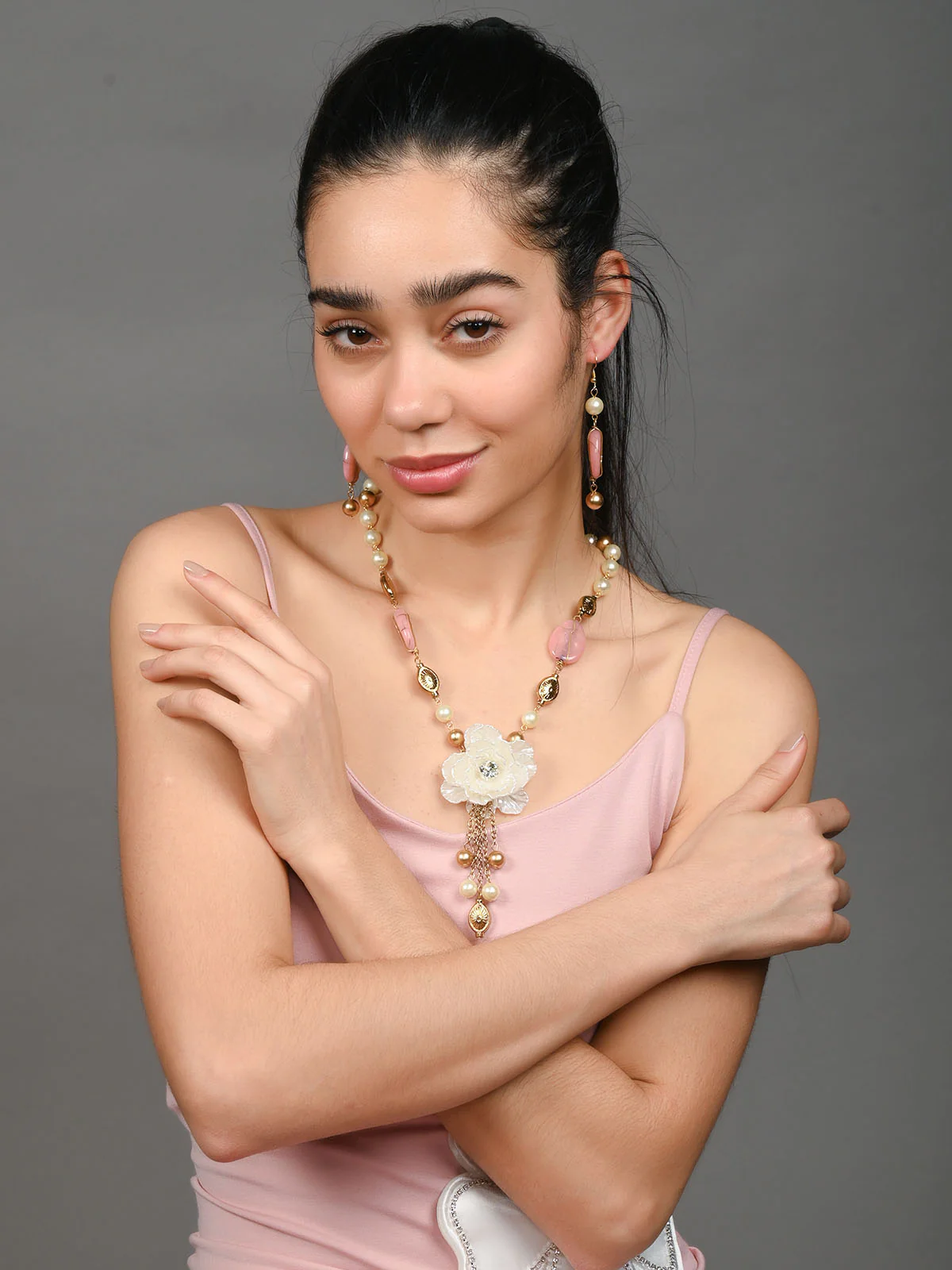 Odette White & Pink Alloy Embellished Jewellery Set For Women - Image 2