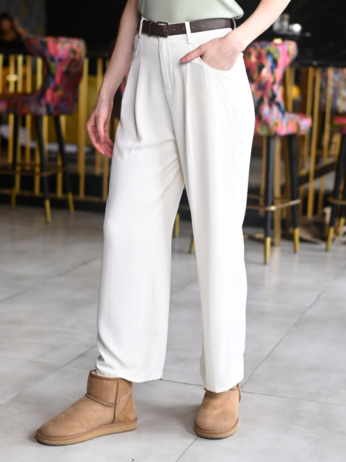 Odette White Polyester Crepe Formal Trousers For Women - Image 3