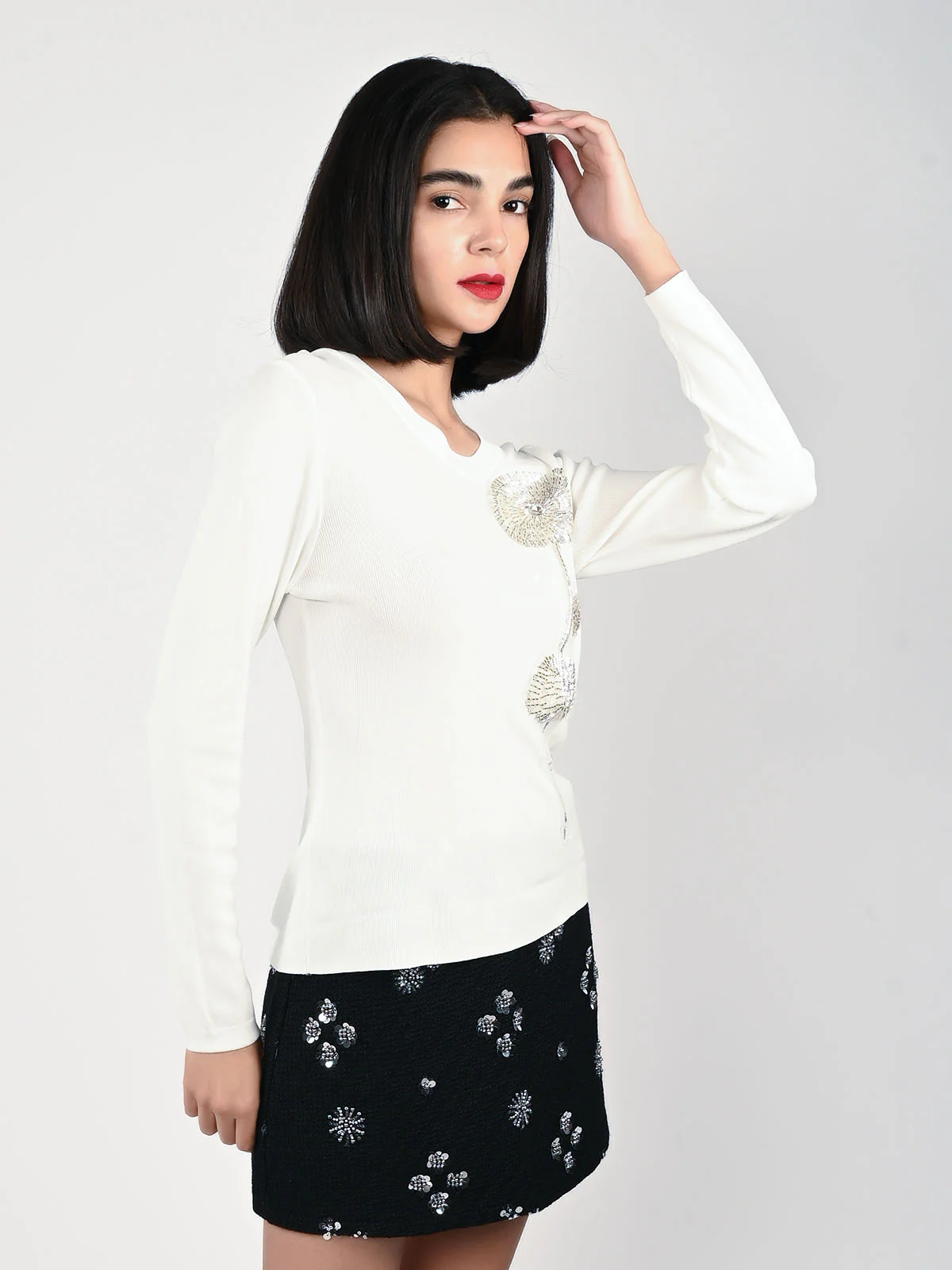 Odette White Polyester Lycra Embellished Top For Women - Image 2