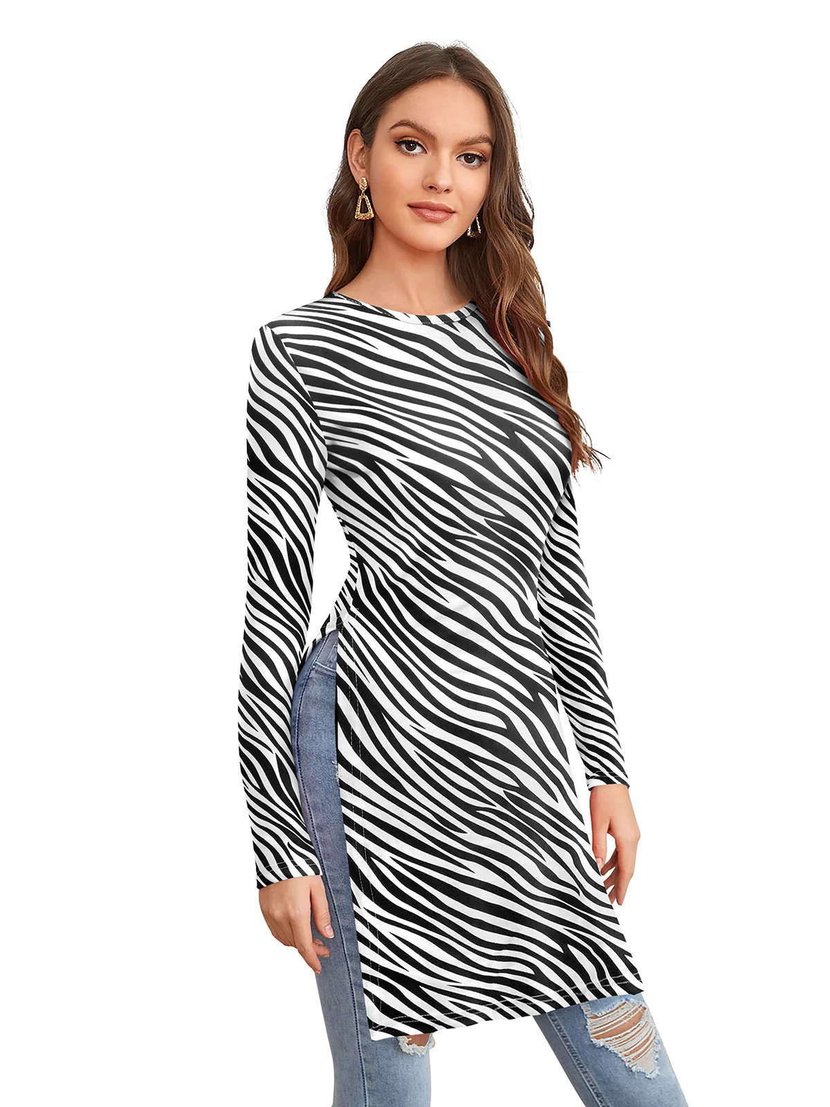 Odette White and Black Polyester Printed  Long Top For Women - Image 2