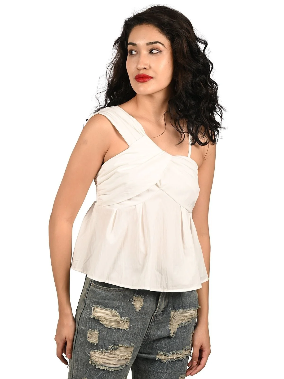 Odette White Poplin Shoulder Cross Over Top For Women - Image 2