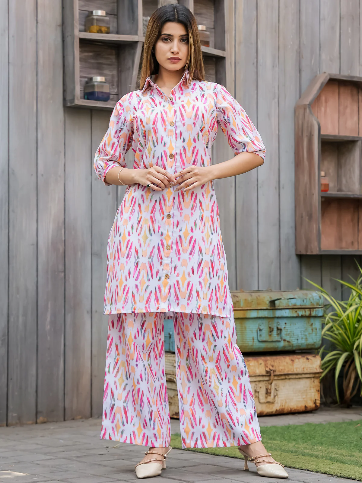 Odette White and Pink Cotton Printed Co Ord Set for Women - Image 2