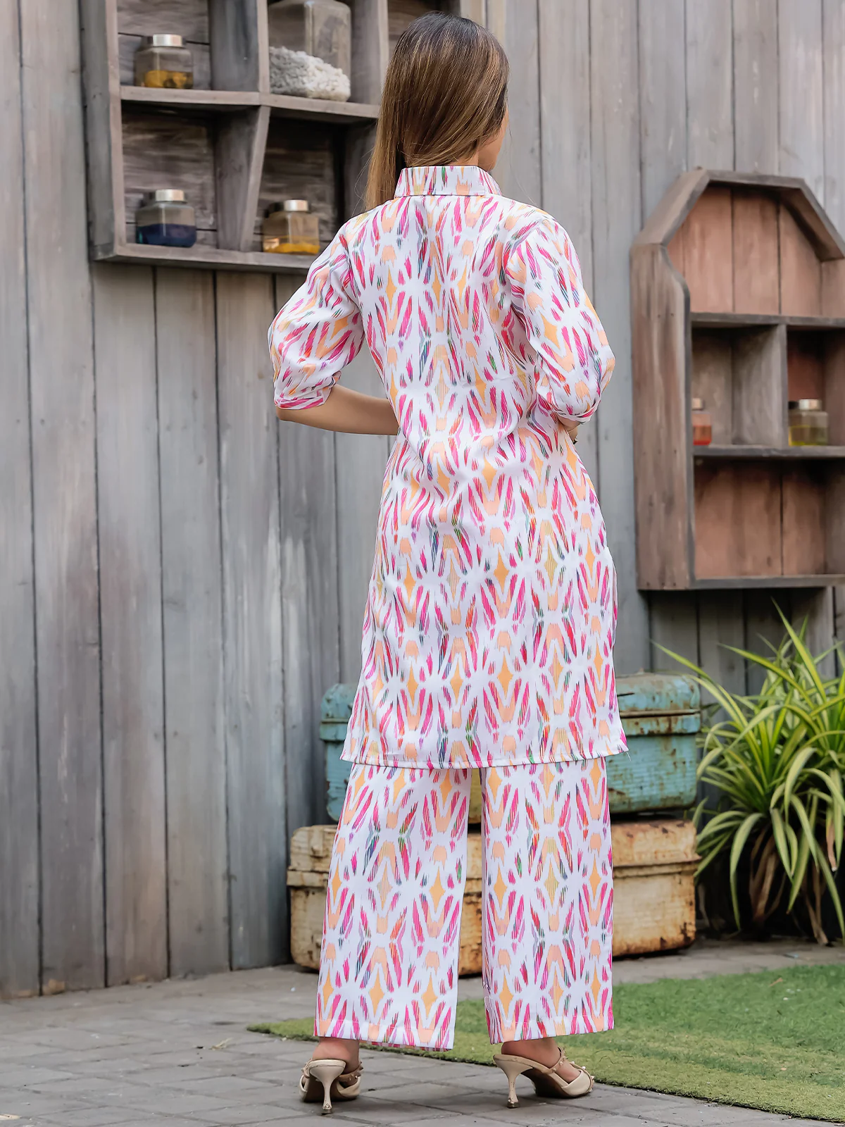 Odette White and Pink Cotton Printed Co Ord Set for Women - Image 4