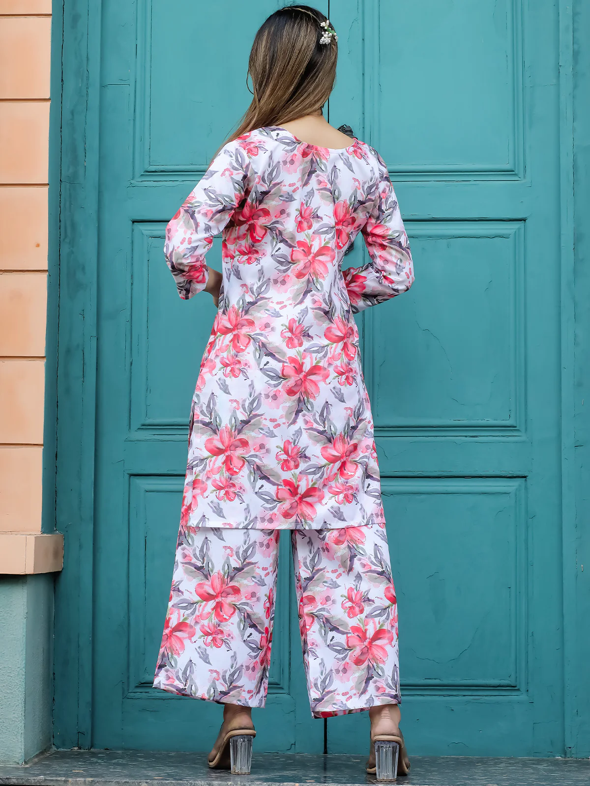 Odette White and Pink Cotton Printed Co Ord Set for Women - Image 3