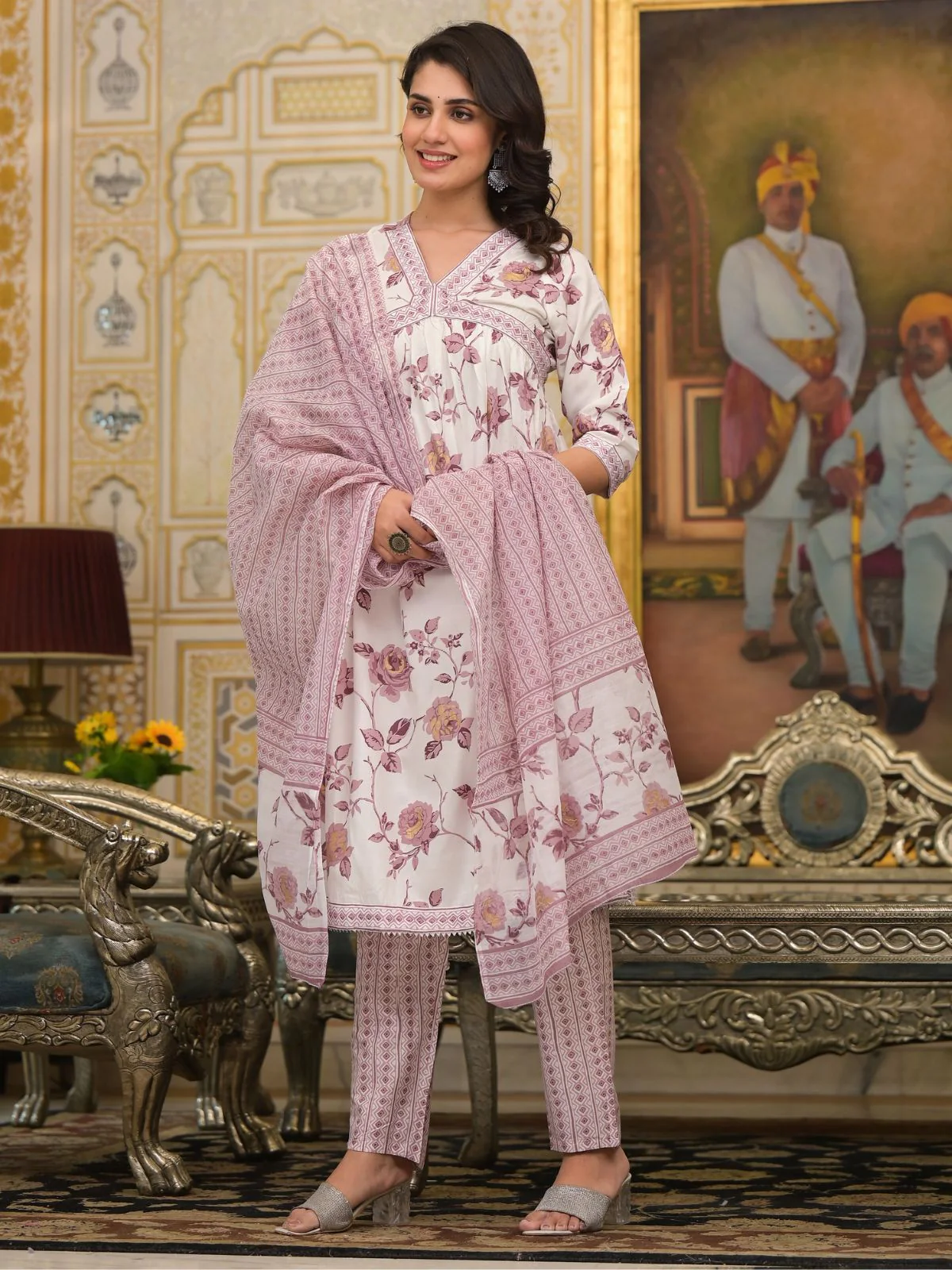 Odette White and Pink Printed Cotton Stitched Kurta Set For Women - Image 2