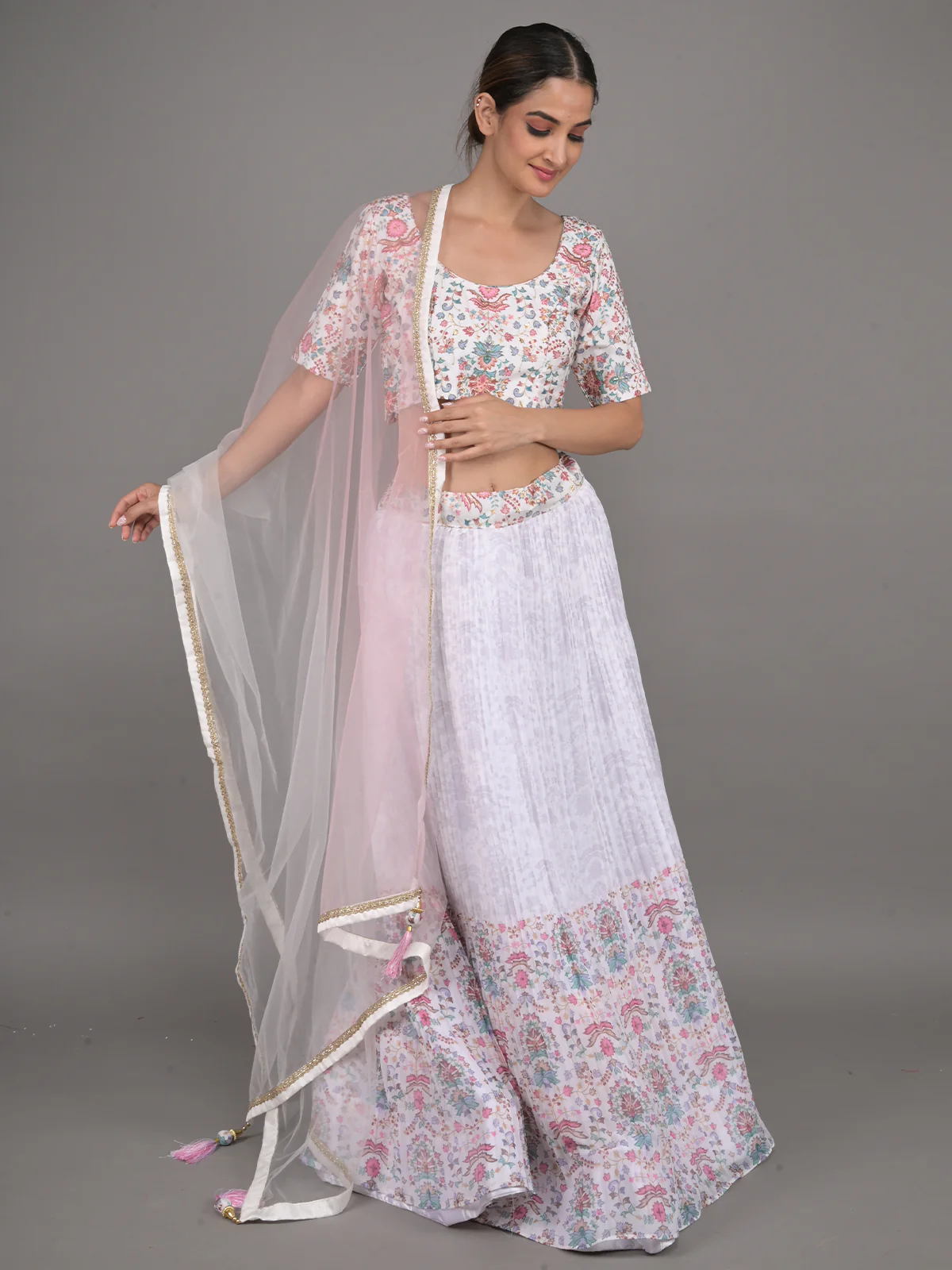Odette White Printed Pleated Georgette Stitched Lehenga Set For Women - Image 2