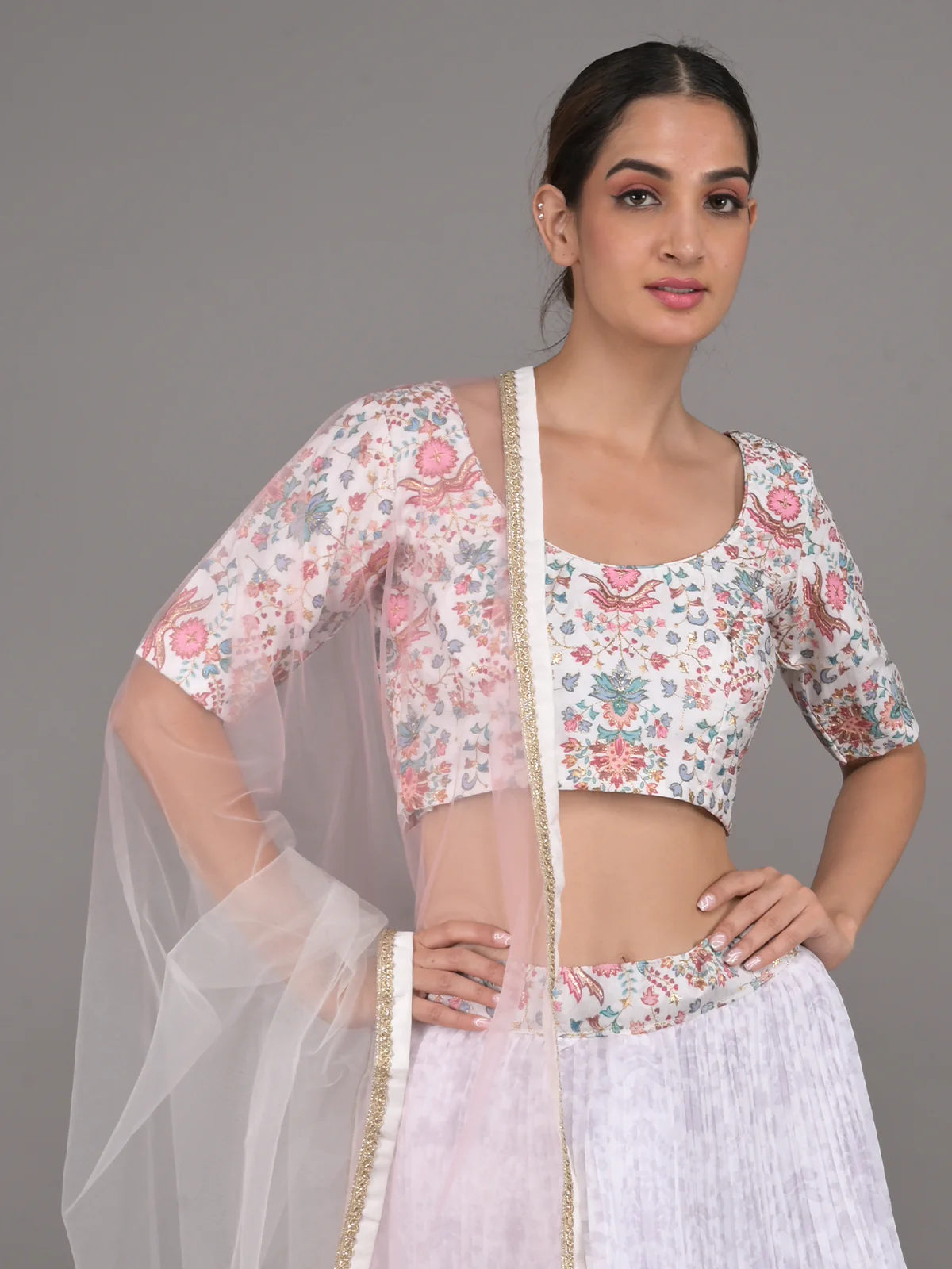 Odette White Printed Pleated Georgette Stitched Lehenga Set For Women - Image 4