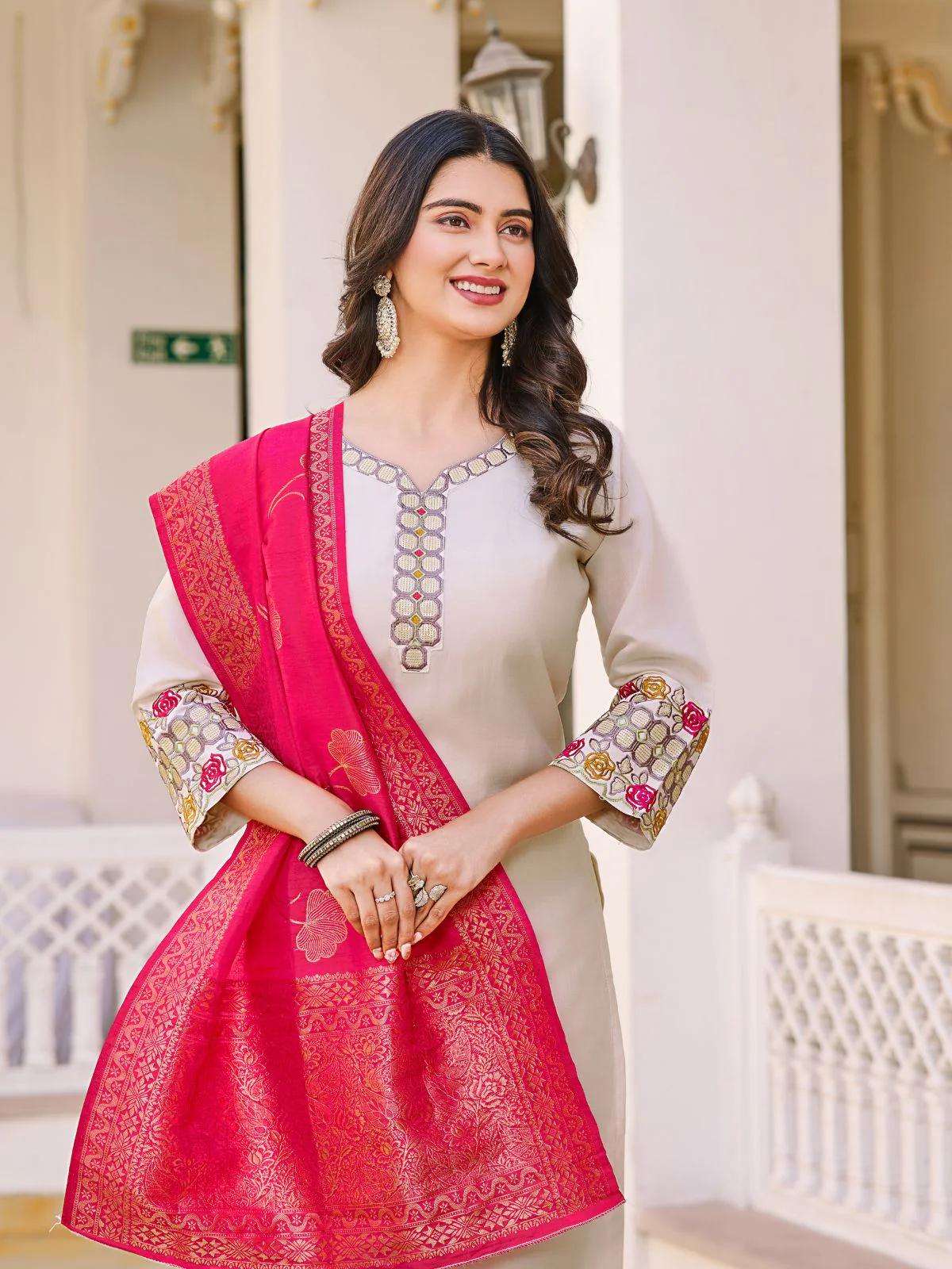 Odette White Rayon Embroidered Stitched Kurta Set For Women - Image 3