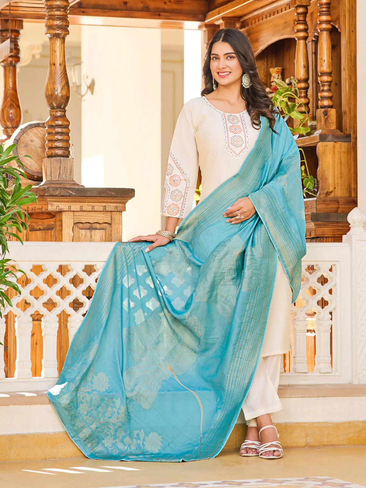 Odette White Rayon Embroidered Stitched Kurta Set For Women - Image 2