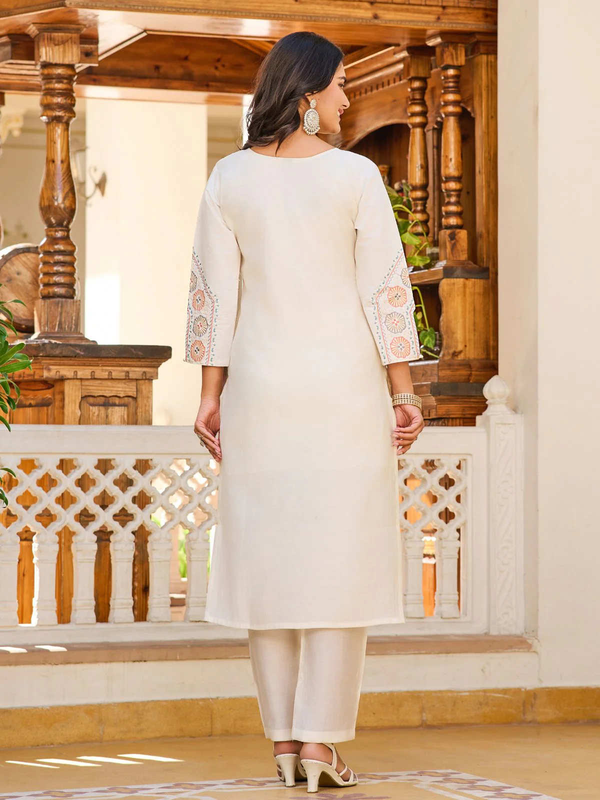 Odette White Rayon Embroidered Stitched Kurta Set For Women - Image 4