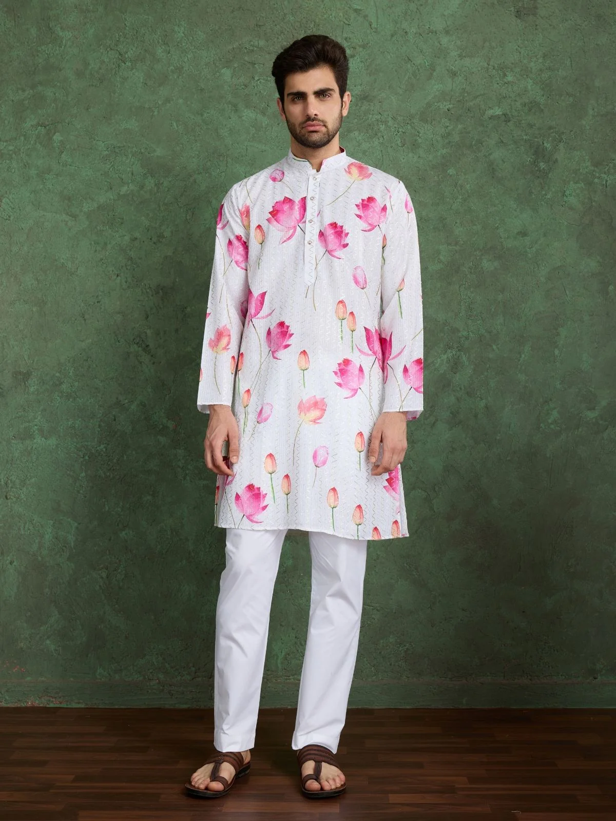 Odette White Rayon Printed and Embroidered Stitched Kurta For Men - Image 2