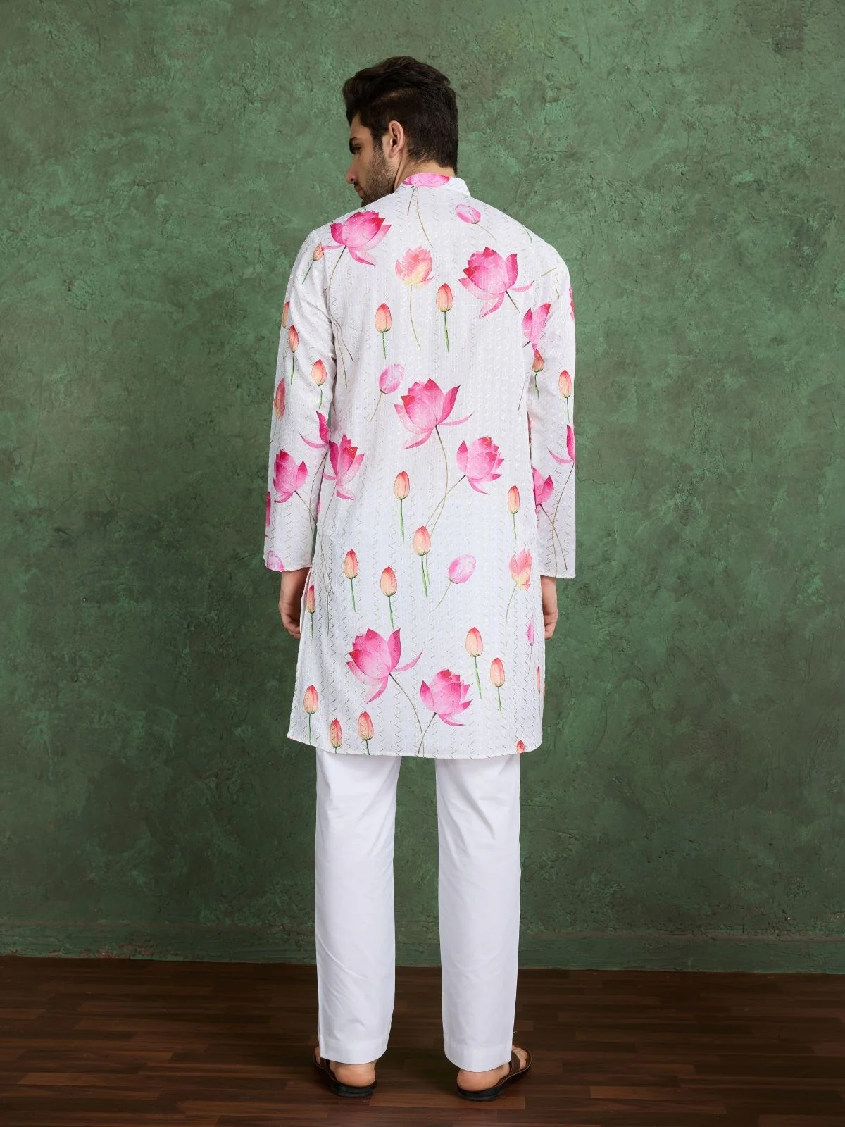 Odette White Rayon Printed and Embroidered Stitched Kurta For Men - Image 4