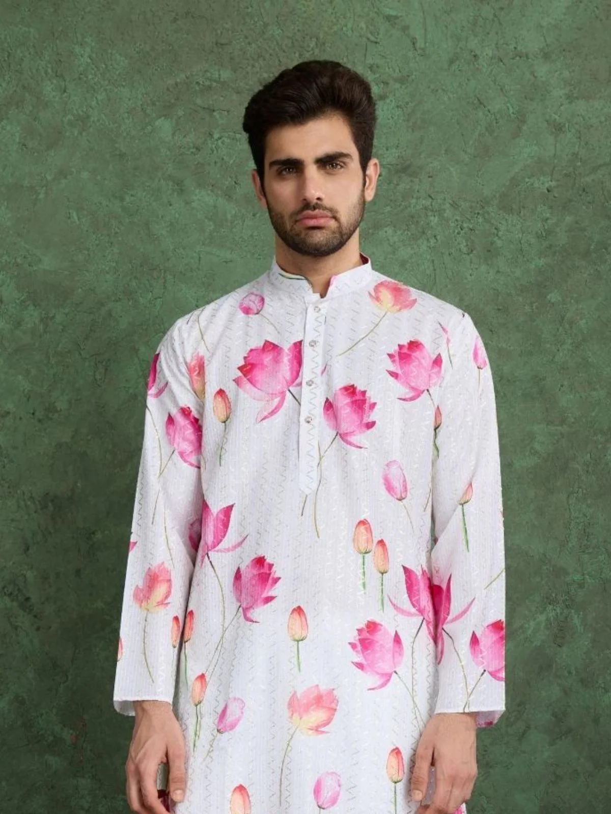 Odette White Rayon Printed and Embroidered Stitched Kurta For Men - Image 5
