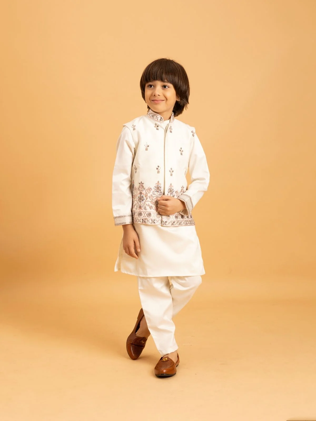 Odette White Satin Embellished Stitched Kurta Set For Kids - Image 2