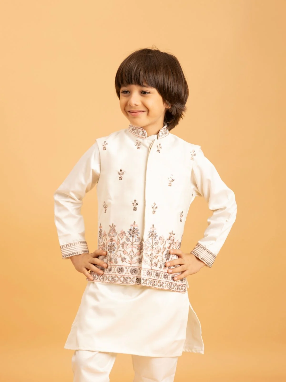 Odette White Satin Embellished Stitched Kurta Set For Kids - Image 4