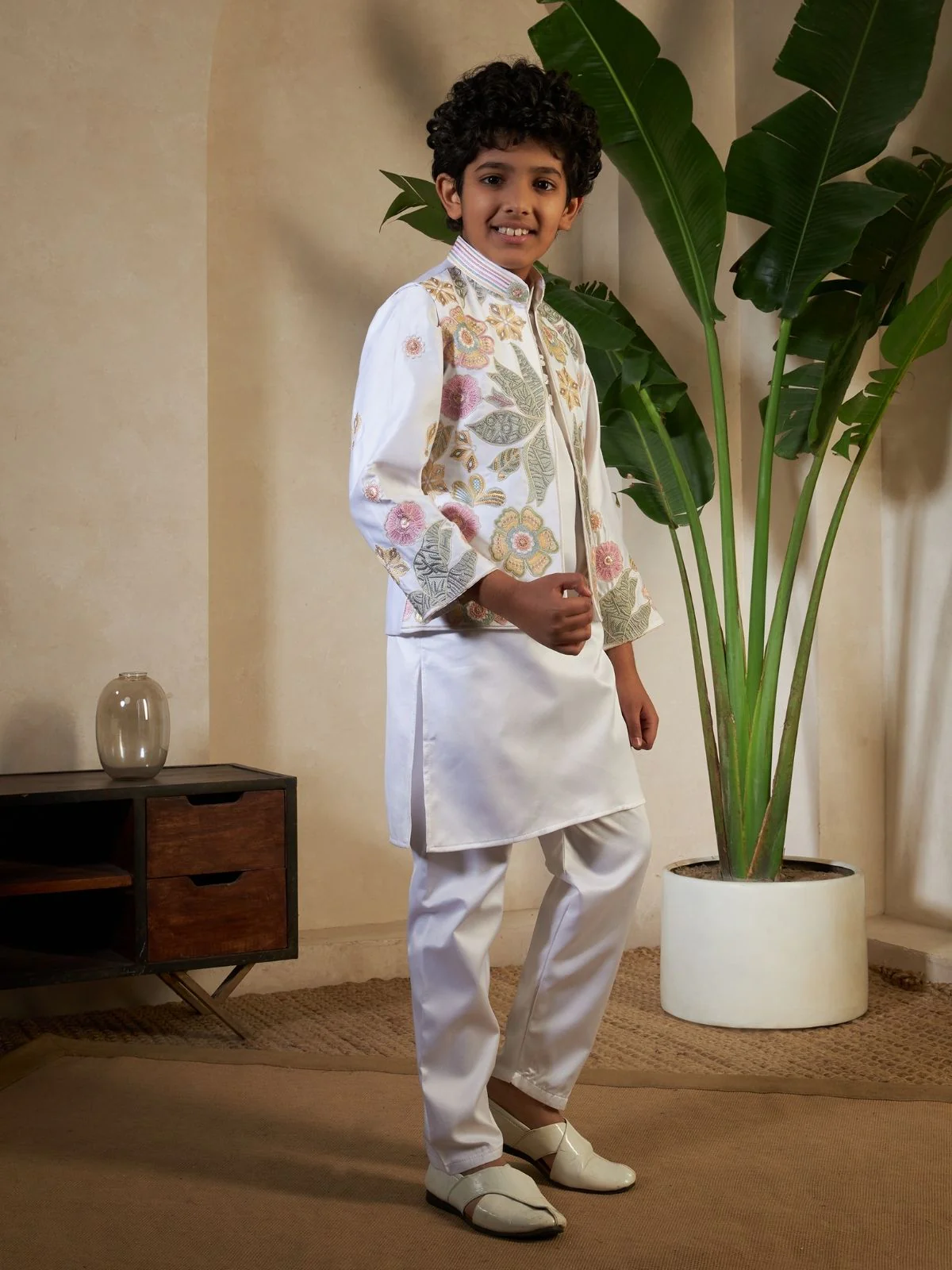 Odette White Satin Embellished Stitched Kurta Set For Kids - Image 2