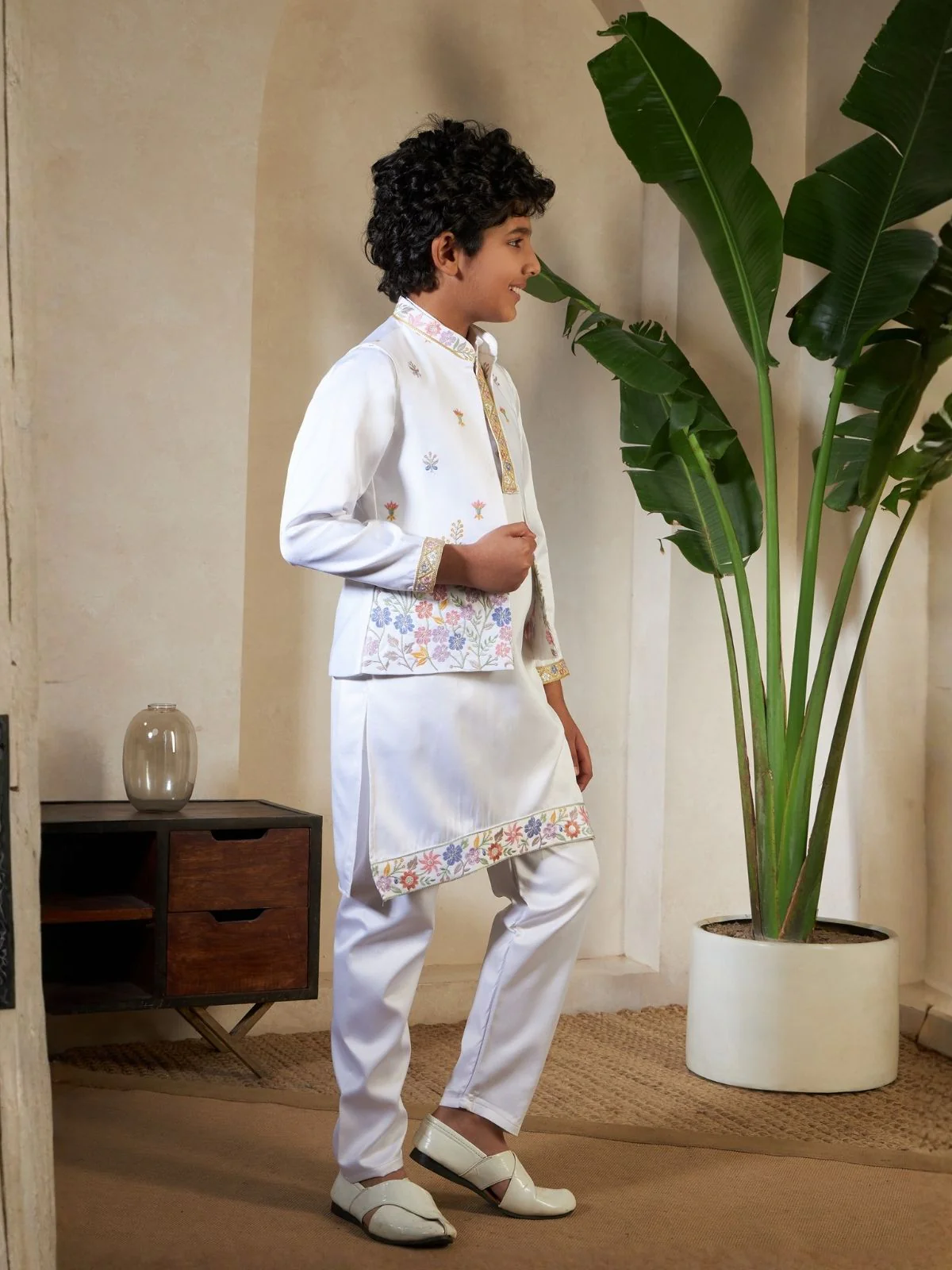 Odette White Satin Embellished Stitched Kurta Set For Kids - Image 2