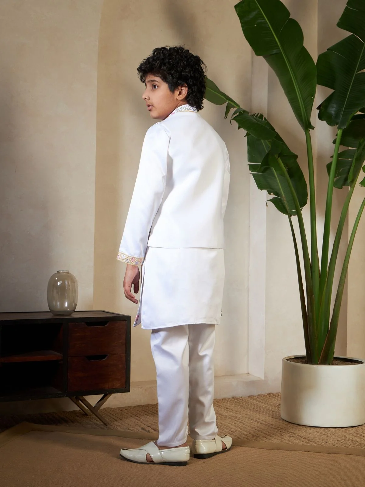 Odette White Satin Embellished Stitched Kurta Set For Kids - Image 5