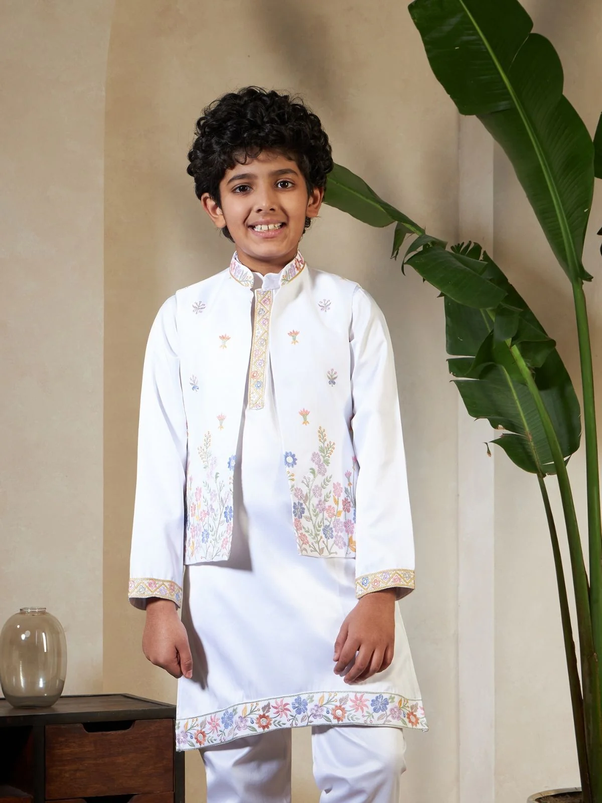Odette White Satin Embellished Stitched Kurta Set For Kids - Image 6