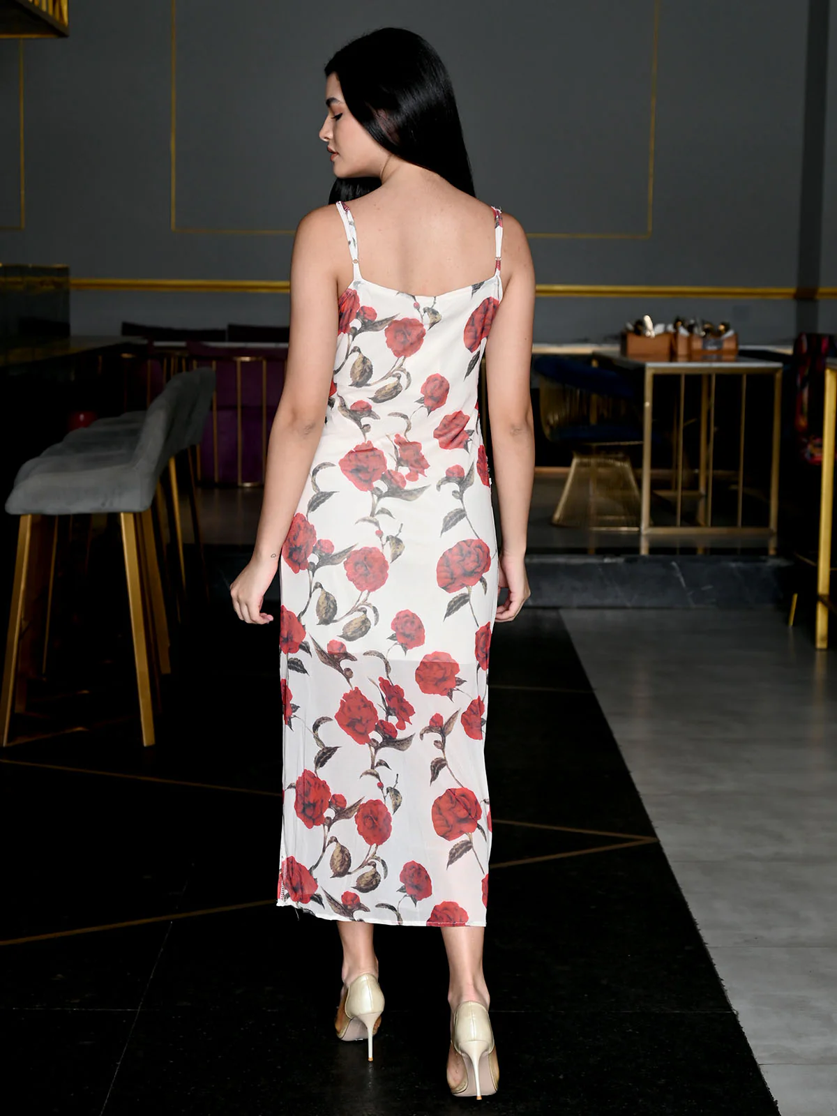 Odette White Satin Floral Printed Dress For Women - Image 3