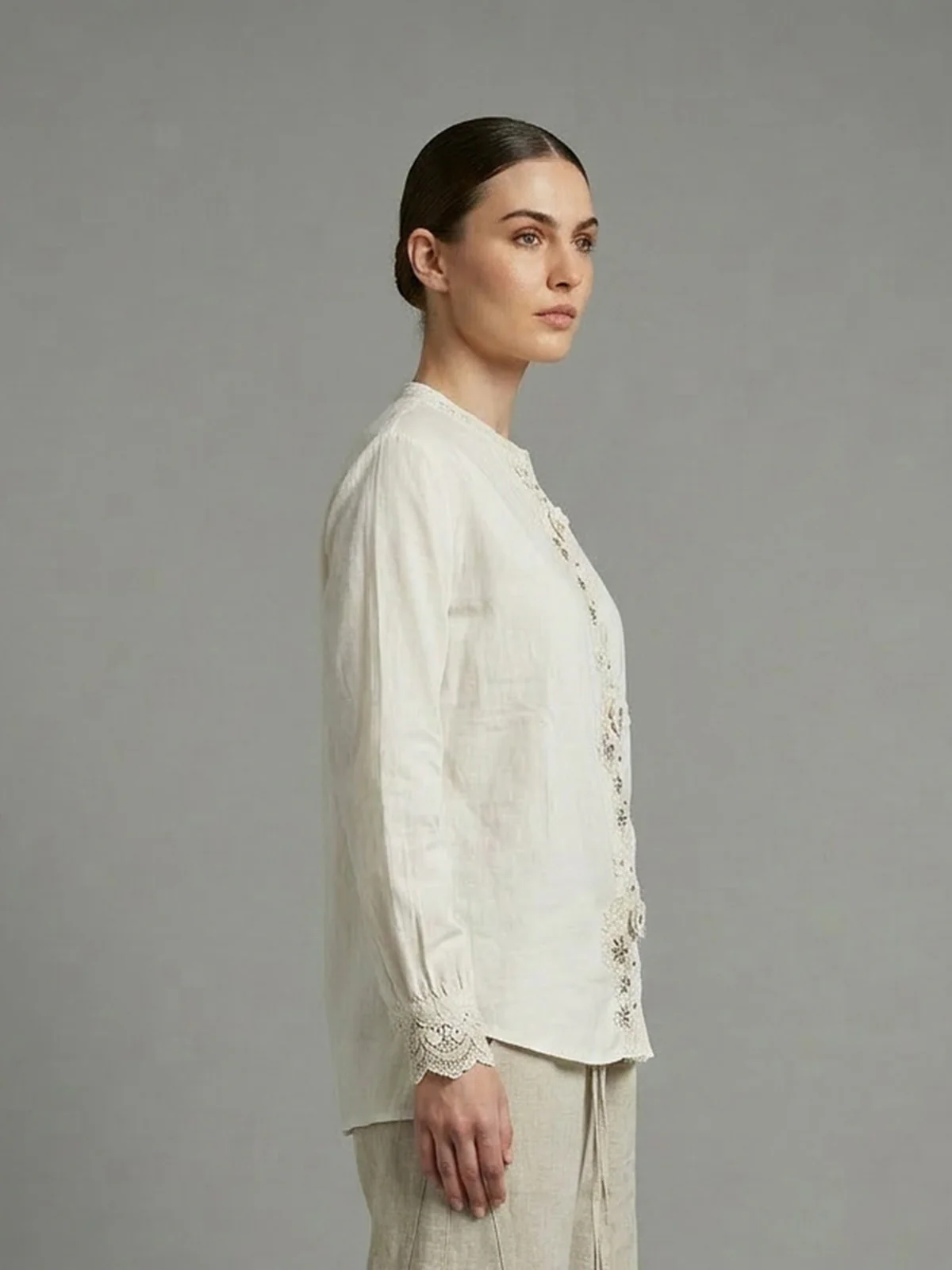 Odette White Satin Lace work Shirt For Women - Image 2