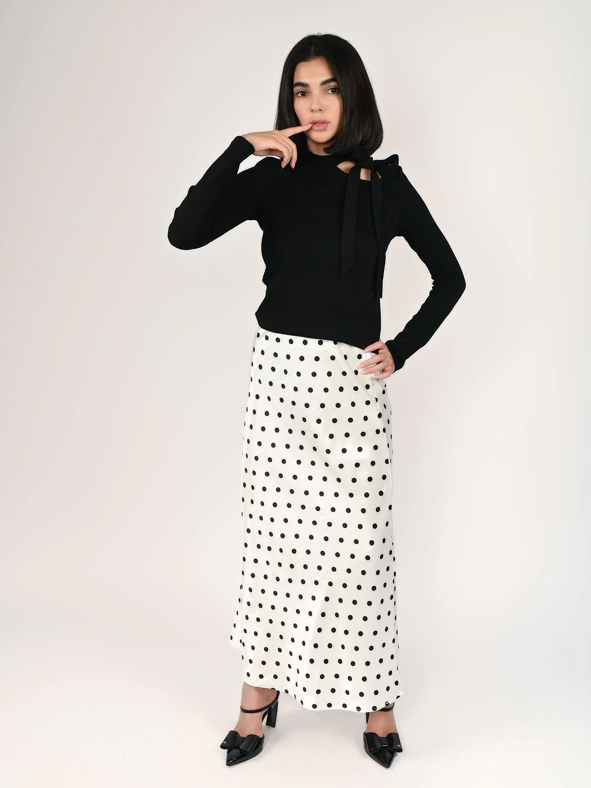 Odette White Satin Polka Dots Skirt For Women - Image 6