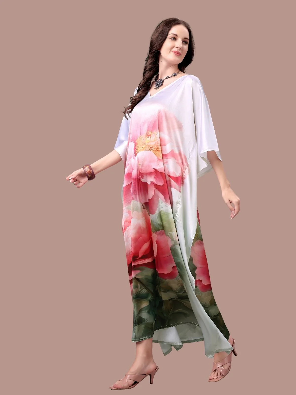 Odette White Satin Printed Kaftan For Women - Image 2