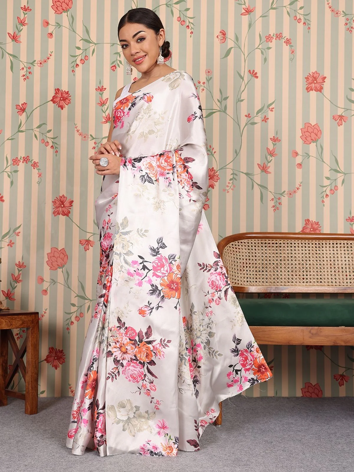 Odette White Satin Printed Saree With Unstitched Blouse For Women - Image 2