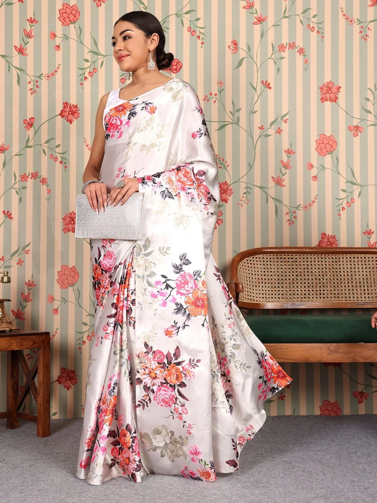 Odette White Satin Printed Saree With Unstitched Blouse For Women - Image 3