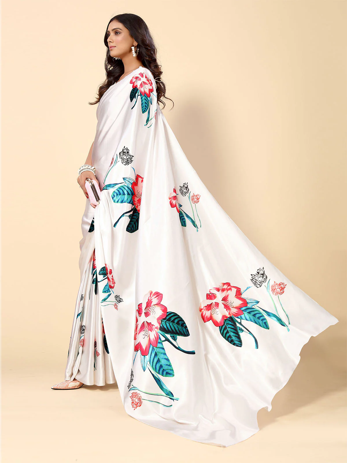 Odette White Satin Printed Saree With Unstitched Blouse For Women - Image 2