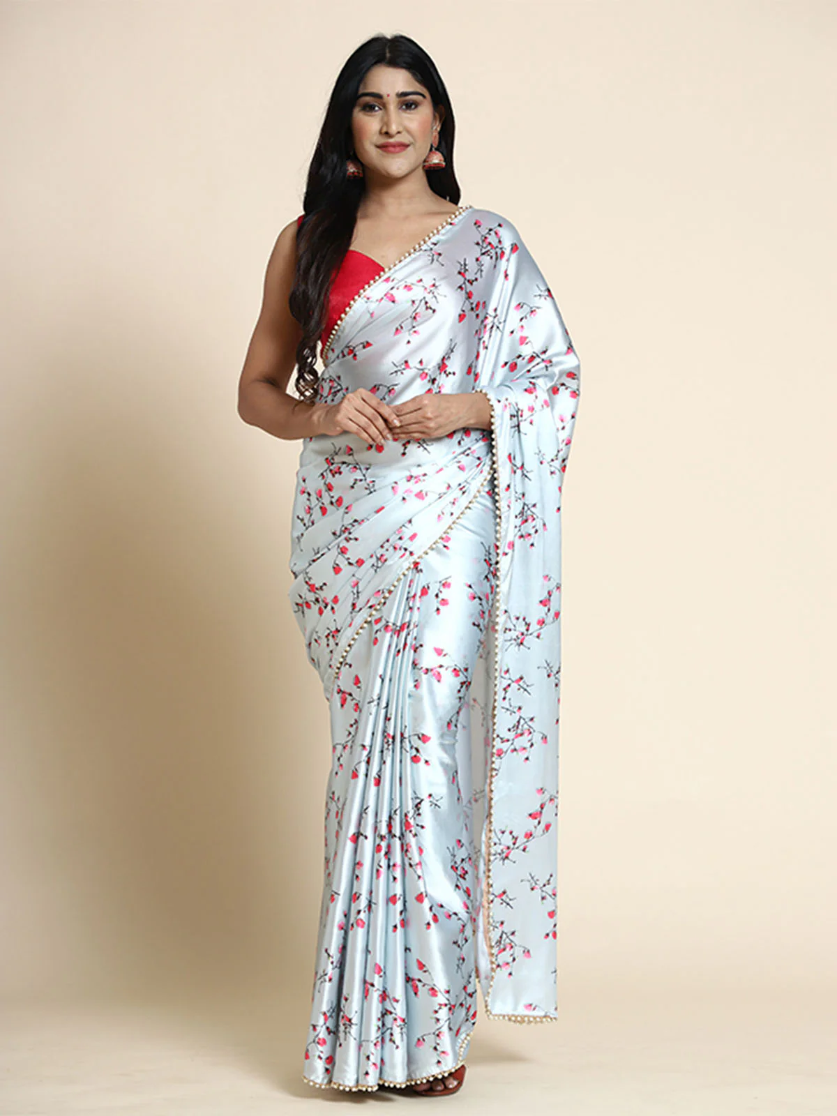 Odette White Satin Printed Saree With Unstitched Blouse For Women - Image 2
