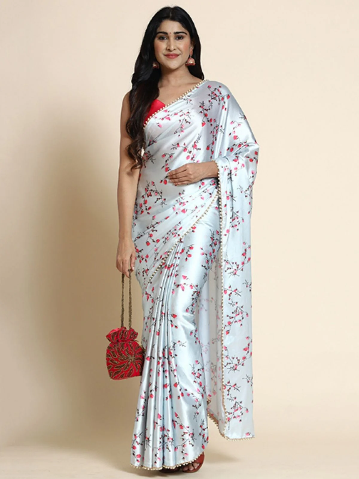 Odette White Satin Printed Saree With Unstitched Blouse For Women - Image 3