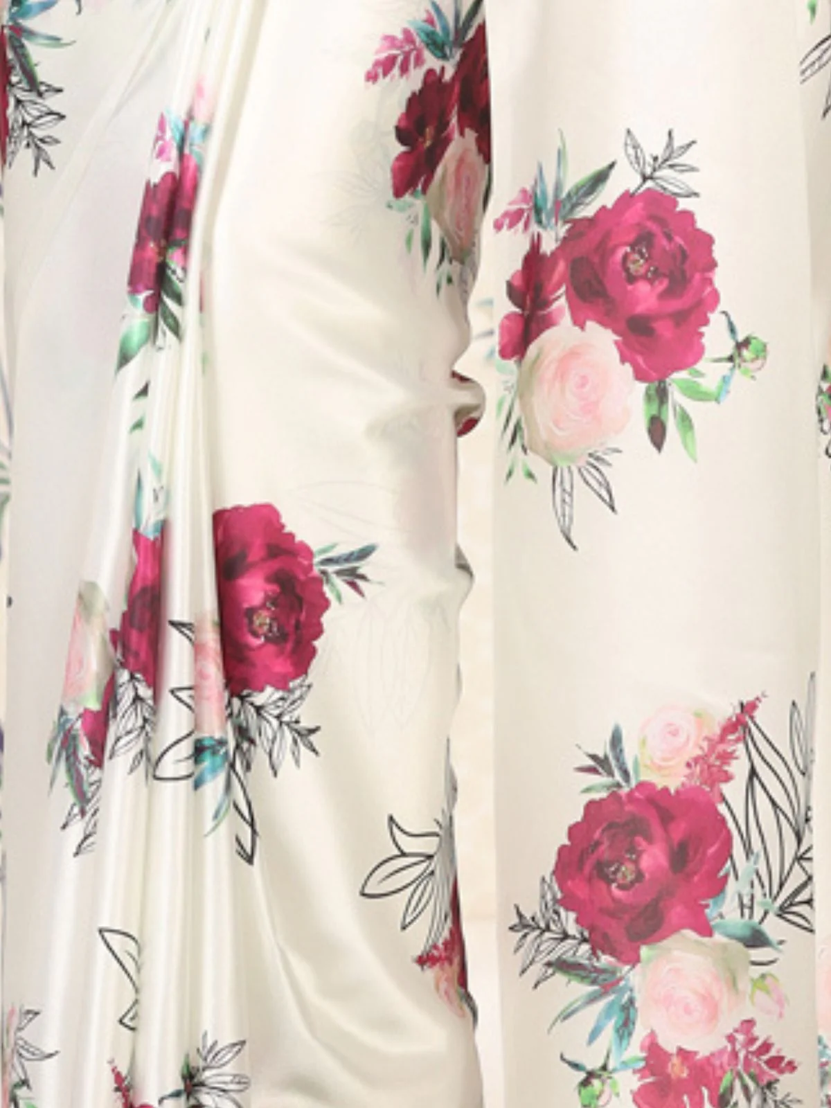 Odette White Satin Printed Saree With Unstitched Blouse For Women - Image 6
