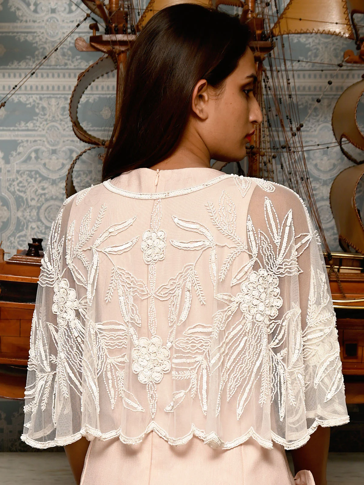Odette White Sequins And Beads Net Cape for Women - Image 2