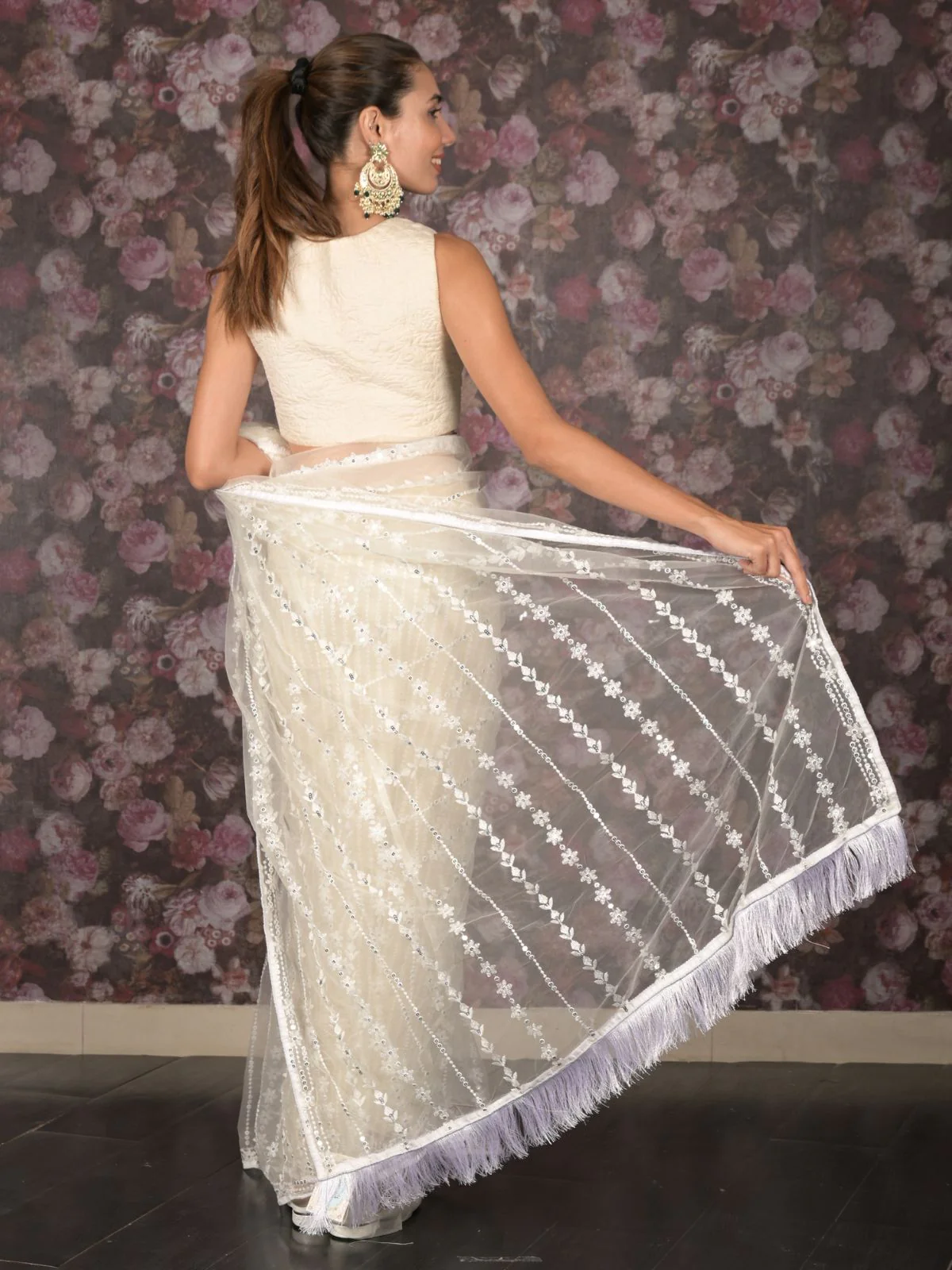 Odette White Sequins Embroidered Net Saree with Unstitched Blouse for Women - Image 4