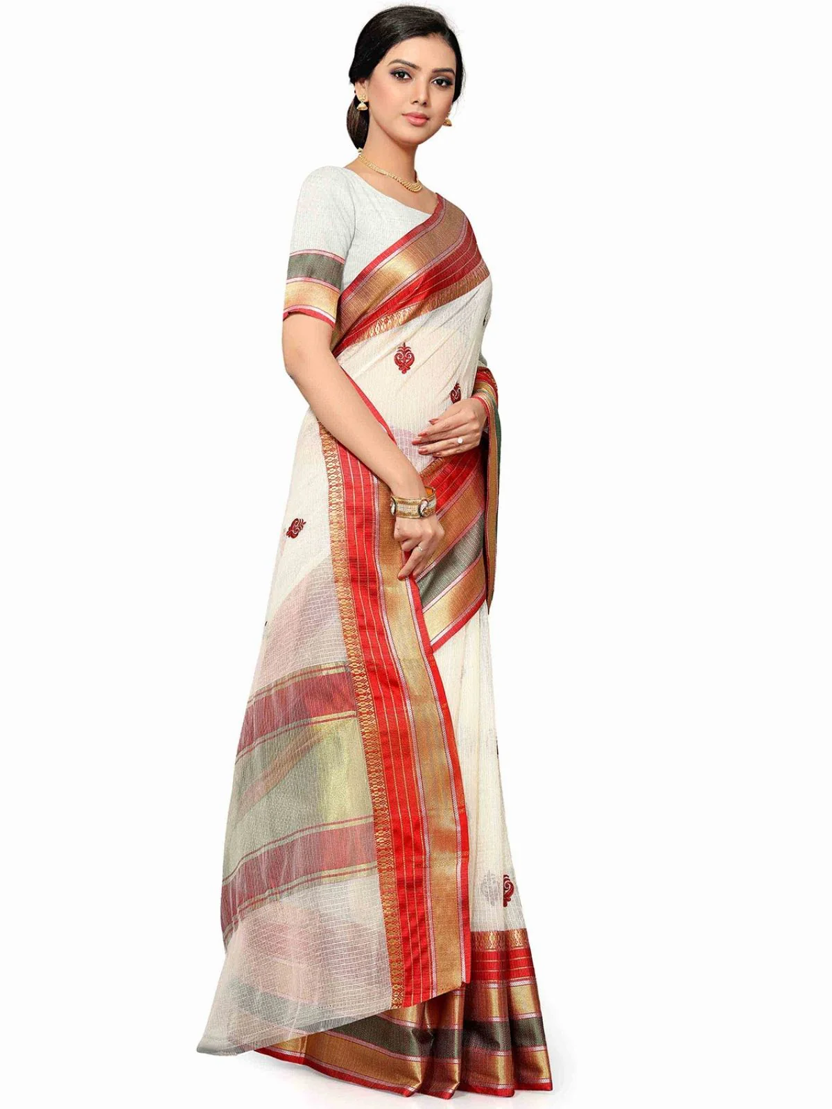 Odette White Silk Blend Embellished Saree For Women - Image 2