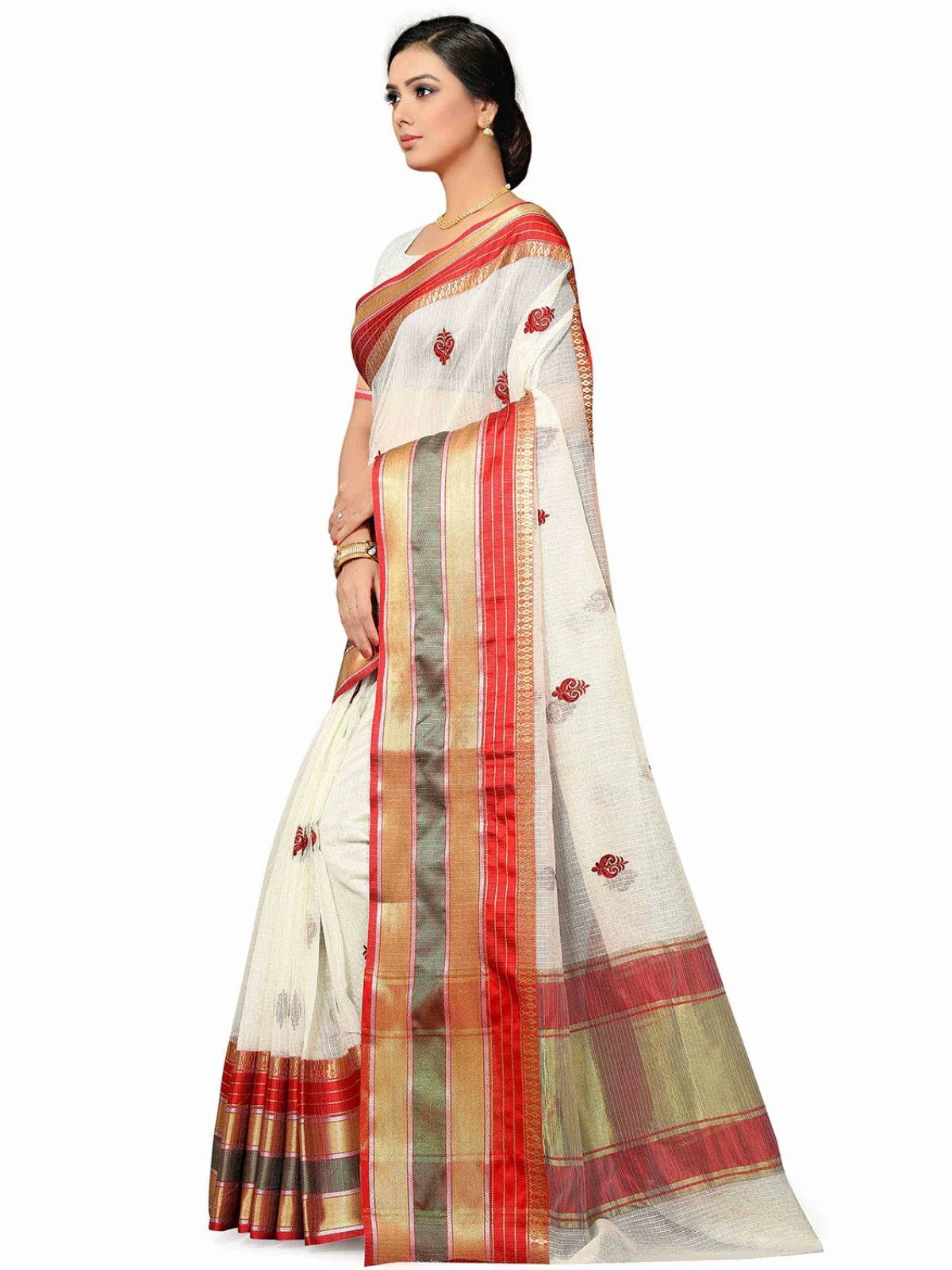Odette White Silk Blend Embellished Saree For Women - Image 3