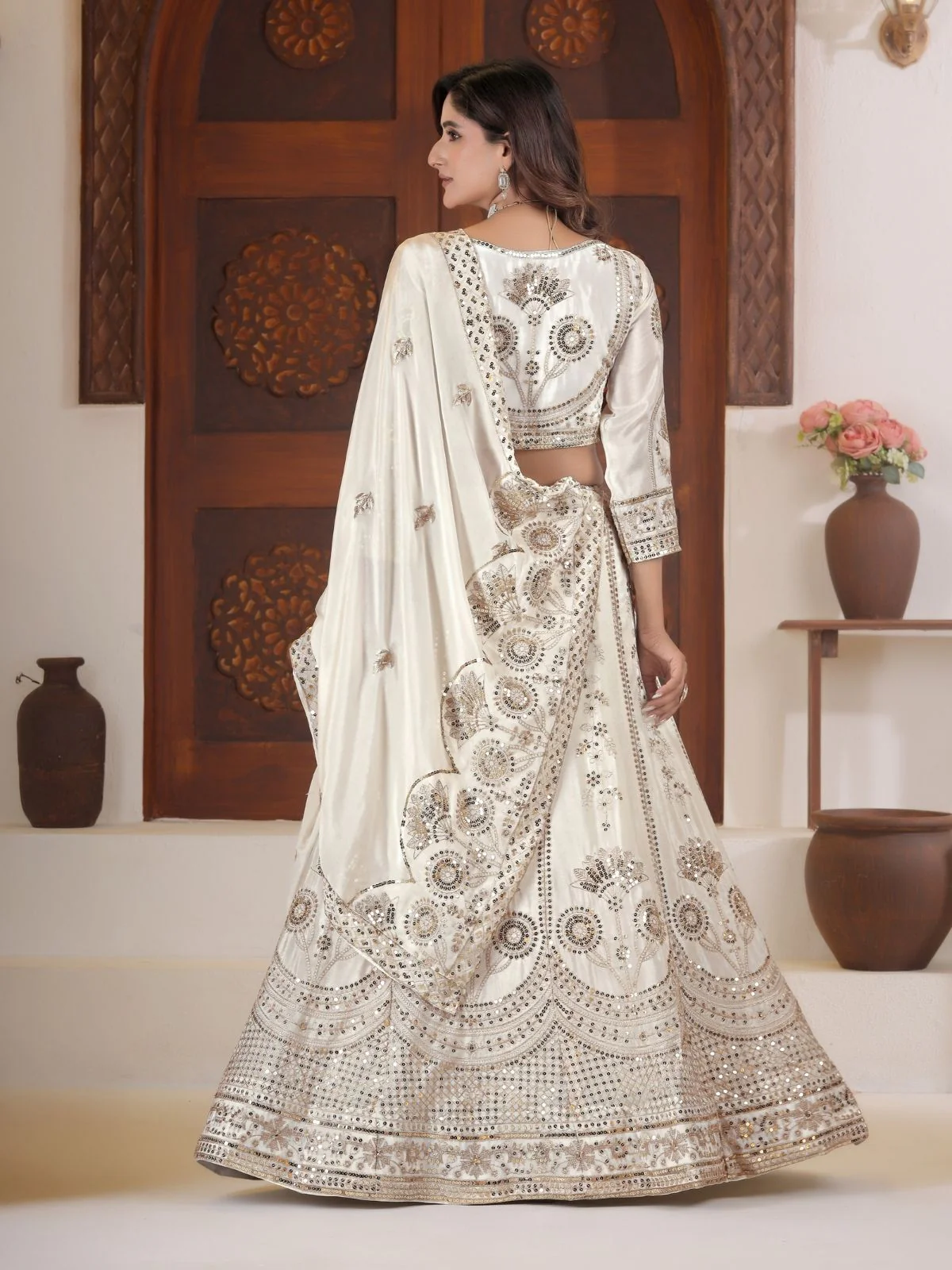 Odette White Silk Blend Embellished Semi Stitched Lehenga For Women - Image 4