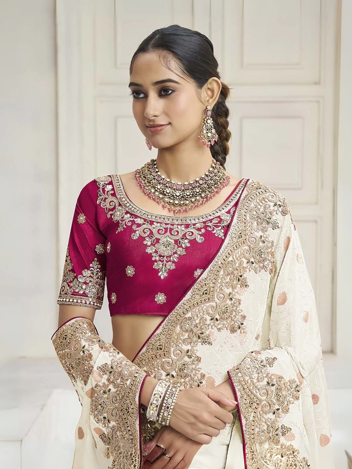 Odette White Silk Blend Embroidered Saree For Women - Image 2