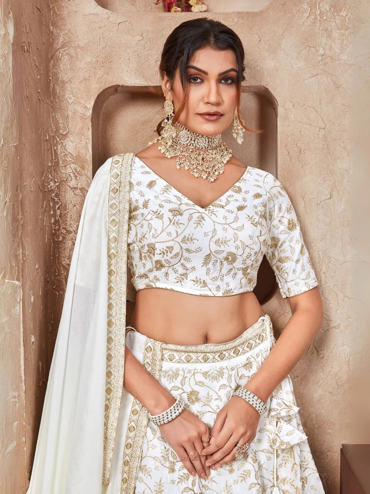 Odette White Silk Blend Embroidered Semi-Stitched Lehenga For Women - Image 4