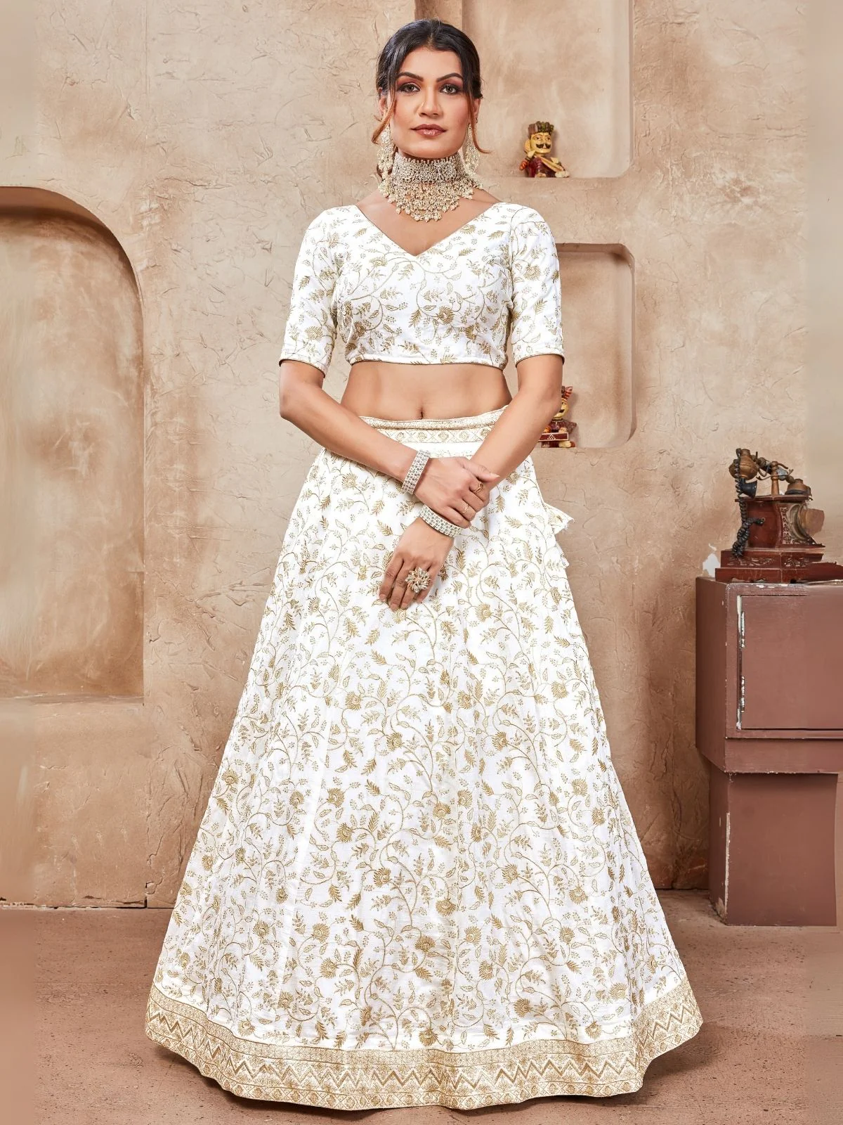 Odette White Silk Blend Embroidered Semi-Stitched Lehenga For Women - Image 6