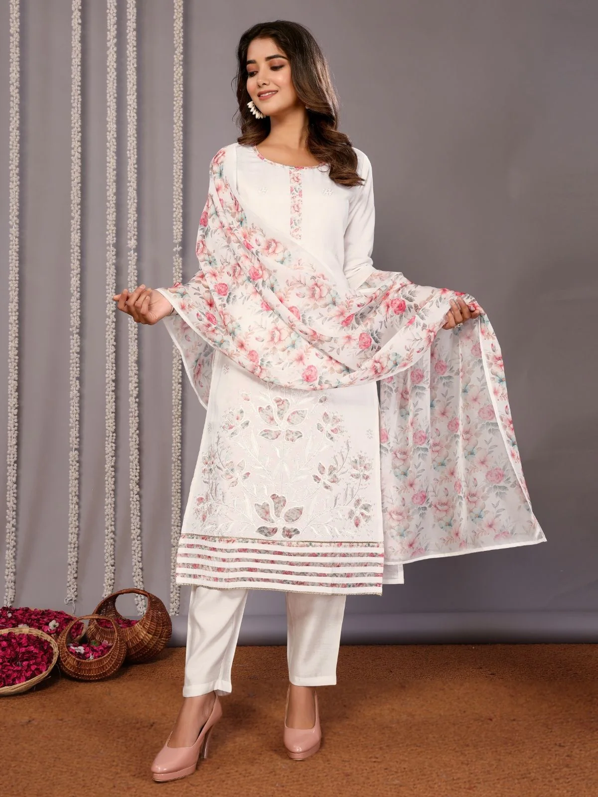 Odette White Silk Blend Embroidered Stiched Kurta Set For Women - Image 6