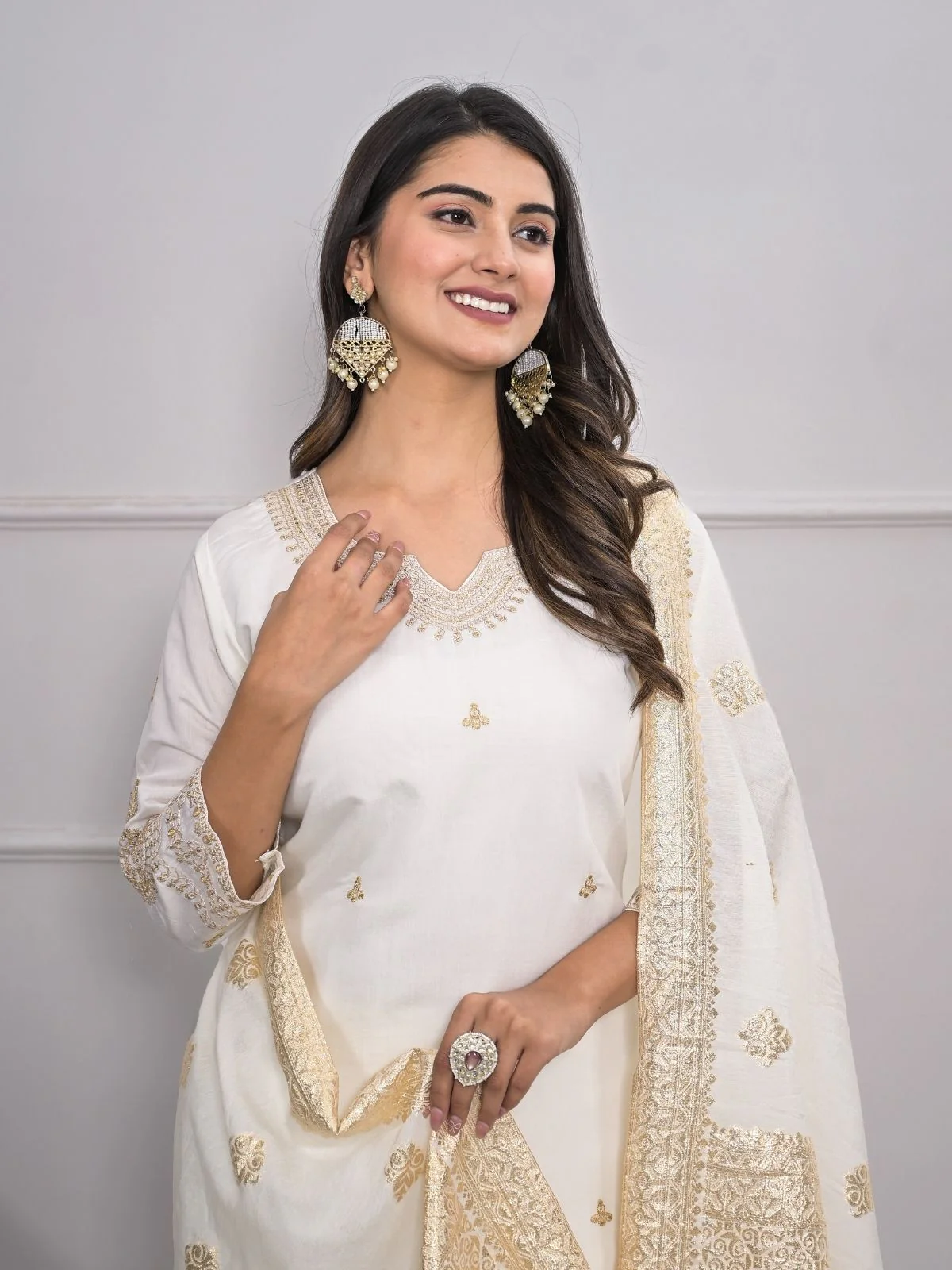 Odette White Silk Blend Embroidered Stitched Kurta Set For Women - Image 4