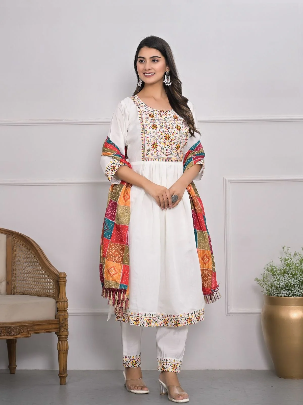 Odette White Silk Blend Embroidered Stitched Kurta Set For Women - Image 2