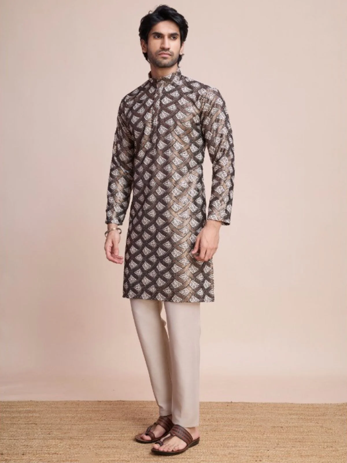 Odette White Silk Blend Gold Sequins Stitched  Kurta For Men - Image 2