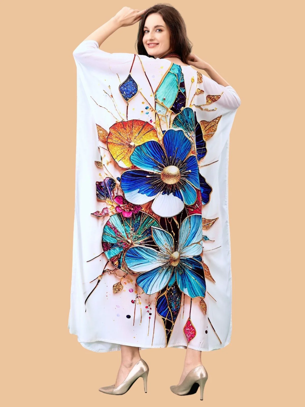 Odette White Silk Blend Printed Kaftan For Women - Image 3